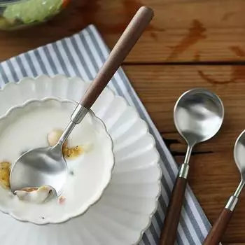 Ложка из нержавеющей стали с имитацией деревянной ручки, круглая ретро-ложка, десертные ложки, ресторанные суповые ложки, бытовые, западные