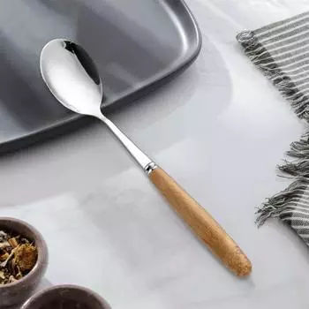Ложка с деревянной ручкой, сервировочные столовые ложки из нержавеющей стали, нержавеющая обеденная ложка для домашней кухни, ресторана, пикника S