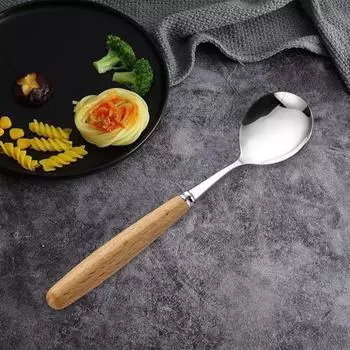 Ложка с деревянной ручкой, сервировочные столовые ложки из нержавеющей стали, нержавеющая обеденная ложка для домашней кухни, ресторана, пикника S