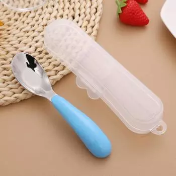 Ложка-слиток из нержавеющей стали, детская ложка, портативная посуда для учеников начальной школы, маленькая ложка с коробкой синий