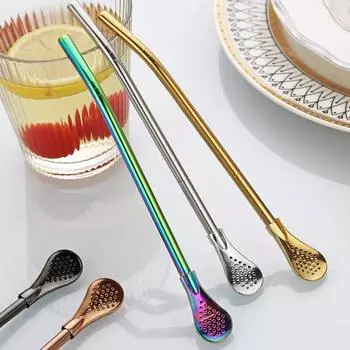 Ложка-соломинка из нержавеющей стали для напитков, многоразовый фильтр для чая, соломинка для помешивания, многофункциональная, герметичная, для питья различных напитков 18cm