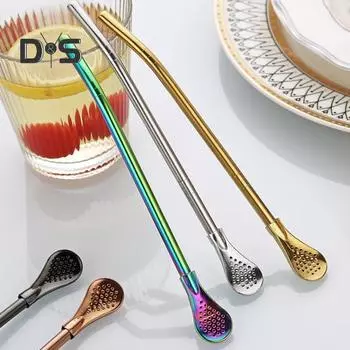 Ложка-соломинка из нержавеющей стали для напитков, многоразовый фильтр для чая, соломинка для помешивания, многофункциональная, герметичная, для питья различных напитков 18cm