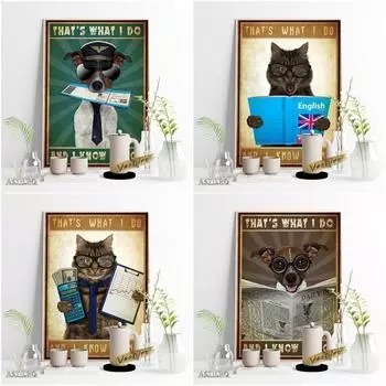 Ложка юмористические животные антропоморфные иллюстрации ретро постер милый кот и собака печать картина маслом 21cm30cm NoFrame