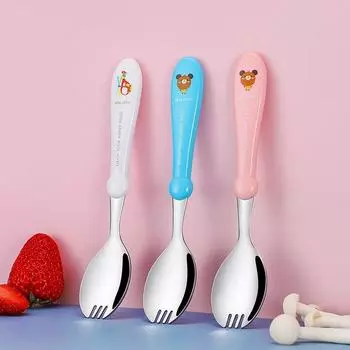 Ложка-вилка из нержавеющей стали 304, 2 в 1, большая емкость, углубление, модель для детей и студентов, милый узор, ложка-вилка, портативная посуда синий