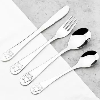 Ложка, вилка, нож, набор столовой посуды с мультяшным узором, столовые приборы из нержавеющей стали, студенческий портативный набор посуды 4Pcs one Set серебряный