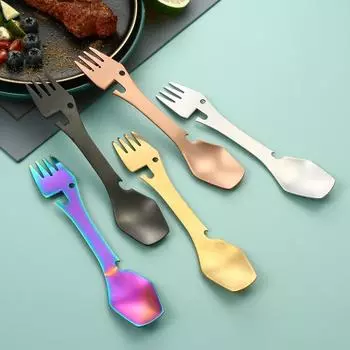Ложка, вилка, посуда из нержавеющей стали, многофункциональный инструмент, открывалка для консервных банок, портативная посуда, столовые приборы, бутылка, кемпинг, пикник, многофункциональный инструмент золотой