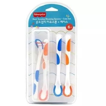 Ложки для детского питания с датчиком температуры Fisher-Price 2 типа x 2р + набор в футляре, оранжевый + синий, ложка 4р + футляр 1р, 1 набор, популярная корейская посуда