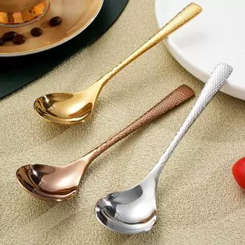 Ложки для супа из нержавеющей стали, кованая текстура, столовые приборы, круглое дно, многоцелевые для дома, ресторана, сервировки десерта серебряный
