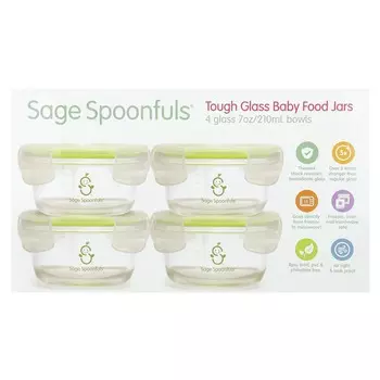 Ложки шалфея, прочные стеклянные контейнеры для детского питания, упаковка из 4 штук, 7 унций (210 мл) каждый.