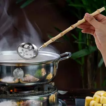 Ложки-совок, дуршлаг с бамбуковой ручкой, кухонный половник из нержавеющей стали с прорезями, светло-коричневый шумовкой