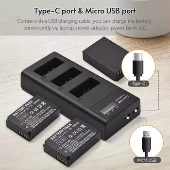 LP-E12 Зарядное устройство Зарядное устройство на 3 гнезда со светодиодными индикаторами Micro USB и порт типа C + 3 шт. LP-E12 чёрный