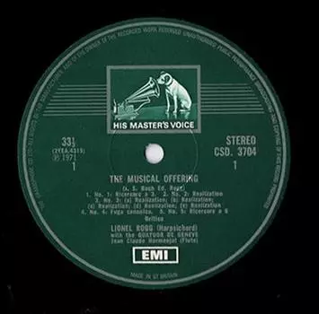 LP Пластинка ЛАЙОНЕЛ РОГГ КВАРТЕТ ДЕ ЖЕНЕВ JEA Иоганн Себастьян Бах Музыкальное приношение CSD3704 HIS MASTERS V 1971 Великобритания Классика Б/У