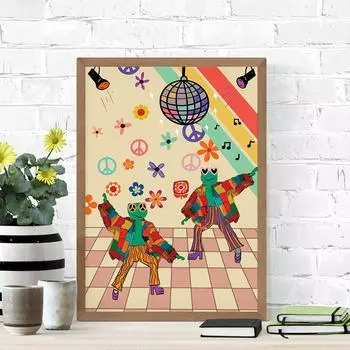 Лягушка Дискотека Забавный Эстетический Плакат Картинки Ретро 70-х годов Заводной Хиппи Бал Танцующие Лягушки Винтаж Триповый Домашний Декор Настенные Художественные Принты 21x30cm No Framed