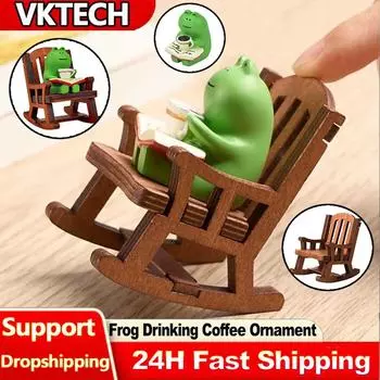 Лягушка, пьющая кофе, микропейзаж, смола, забавная скульптура, читающая лягушка, миниатюрная фигурка лягушки, читающая книгу, подарок для любителей лягушек
