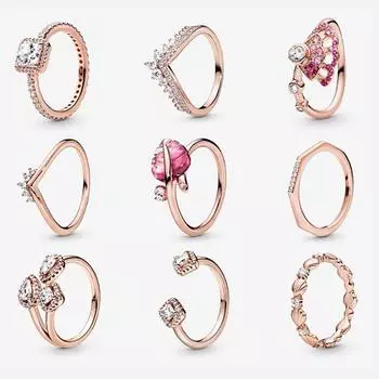 Lr Timeless Wish Heart Сверкающее розовое золото Розовый Тонкая тиара Кольца на поперечном рычаге Прозрачное кольцо с тремя камнями для женщин Подарок на день Святого Валентина 5