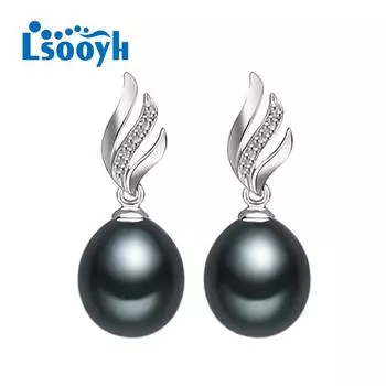 LSOOYH. Женские серьги с натуральным пресноводным жемчугом чёрный