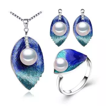 LSOOYH Cloisonne серьги с натуральным пресноводным жемчугом модные кольца в виде листьев для женщин комплекты ювелирных украшений с жемчугом Adjustable Size белый