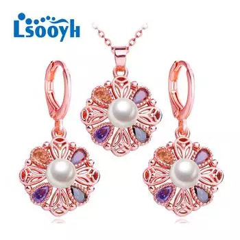 LSOOYH Цветочное ожерелье с кубическим цирконием, серьги-кольца с цветком для женщин, комплекты ювелирных украшений с цветами A разноцветный