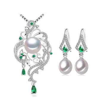 LSOOYH Феникс пресноводный жемчуг ожерелье зеленый кристалл серьги жемчуг роскошные комплекты ювелирных изделий белый