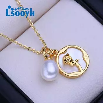 LSOOYH Ювелирные изделия из натурального пресноводного жемчуга CZ ожерелья для женщин круглый кулон с цветком свадебные украшения золотой