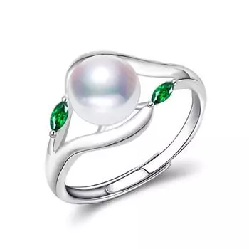 LSOOYH Ювелирные изделия из жемчуга, кольца с натуральным пресноводным жемчугом для женщин, модное кольцо с зеленым кристаллом Adjustable Size белый
