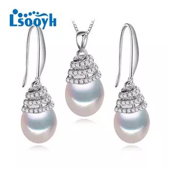 LSOOYH классическое ожерелье с натуральным пресноводным жемчугом, длинные серьги с кубическим цирконием, наборы ювелирных украшений с жемчугом белый
