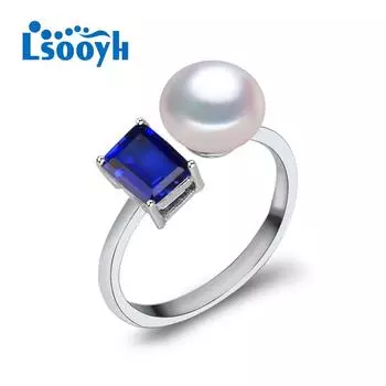 LSOOYH кольца с натуральным пресноводным жемчугом для женщин, модное кольцо в стиле бохо с синим кристаллом, ювелирные изделия с жемчугом Resizable белый