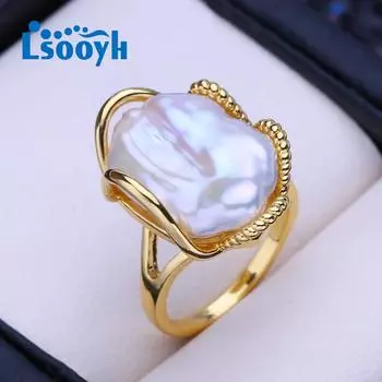 LSOOYH кольца с натуральным пресноводным большим жемчугом в стиле барокко для женщин, классическое кольцо для вечеринки, подарки на день рождения, оптовая продажа adjustable