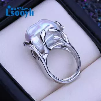 LSOOYH кольца с натуральным пресноводным жемчугом и большой пуговицей в стиле барокко для женщин, модное офисное кольцо серебряного цвета, подарки на день рождения, оптовая продажа