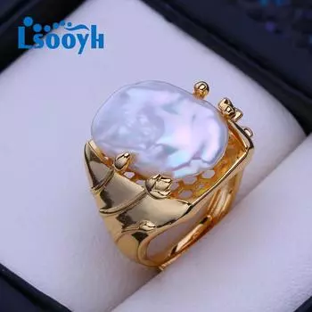 LSOOYH кольца с натуральным пресноводным жемчугом и большой пуговицей в стиле барокко для женщин, классическое золотого цвета, обручальное кольцо, подарки на день рождения, оптовая продажа adjustable