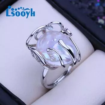 LSOOYH кольца с натуральным пресноводным жемчугом и большой пуговицей в стиле барокко для женщин, модное офисное кольцо серебряного цвета, подарки на день рождения, оптовая продажа adjustable