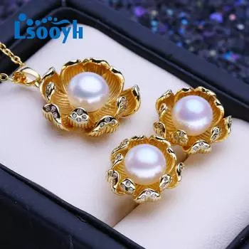 LSOOYH комплект ювелирных изделий из натурального пресноводного жемчуга для женщин золотого цвета с подвеской в виде цветка, ожерелье, серьги-гвоздики, подарок на день рождения белый
