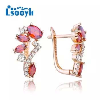 LSOOYH красные серьги-клипсы с перьями цвета розового золота, модные серьги для женщин, геометрические полые серьги-гвоздики с кубическим цирконием, ювелирные изделия A