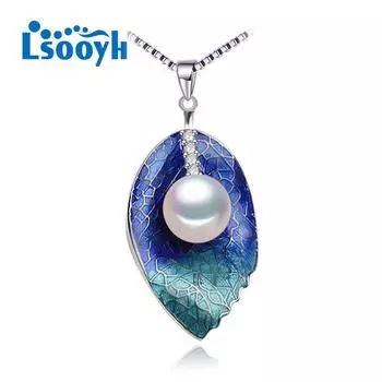 LSOOYH модное ожерелье с подвеской в виде синего листа для женщин, ожерелье с пресноводным жемчугом и растениями белый