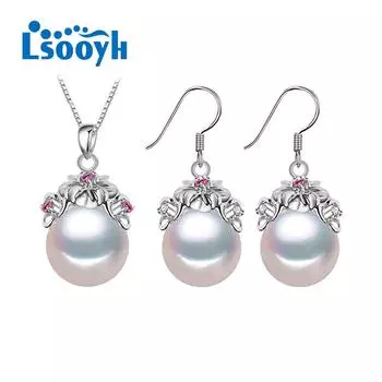 LSOOYH модные серьги с натуральным пресноводным жемчугом для женщин, комплекты украшений с красными кристаллами и цветком 8-9mm pearl белый