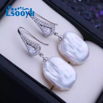 LSOOYH натуральный пресноводный белый большой барочный жемчуг серьги для женщин модные серебряные серьги-капли свадебные украшения белый