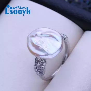 LSOOYH натуральный пресноводный большой барочный жемчуг кольца для женщин классическое серебряное обручальное кольцо подарки на день рождения adjustable белый