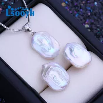 LSOOYH натуральный пресноводный большой жемчуг в стиле барокко, ожерелье с квадратной подвеской, модные серьги-гвоздики для женщин, наборы ювелирных украшений с жемчугом белый