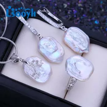 LSOOYH натуральный пресноводный большой жемчуг в стиле барокко, ожерелье с квадратной подвеской, модные серьги-подвески для женщин, комплекты ювелирных украшений с жемчугом белый