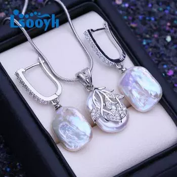 LSOOYH натуральный пресноводный большой жемчуг в стиле барокко, ожерелье с квадратной подвеской, модные серьги-подвески для женщин, комплекты ювелирных украшений с жемчугом белый