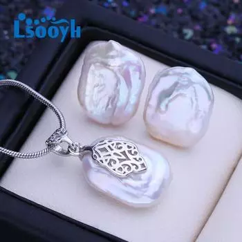 LSOOYH натуральный пресноводный большой жемчуг в стиле барокко, ожерелье с квадратной подвеской, модные серьги-гвоздики для женщин, наборы ювелирных украшений с жемчугом белый