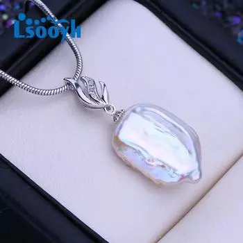 LSOOYH натуральный пресноводный большой жемчужный кулон в стиле барокко, классический серебряный цвет, подвеска с цветком, ожерелья для женщин и девочек, подарок на день рождения белый
