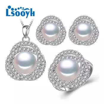 LSOOYH ожерелье из натурального пресноводного жемчуга с кубическим цирконием, серьги с цветком, кольцо для женщин, наборы ювелирных украшений с жемчугом белый