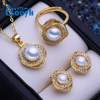 LSOOYH ожерелье из натурального пресноводного жемчуга с кубическим цирконием, серьги с цветком золотого цвета, кольцо для женщин, комплекты ювелирных украшений с жемчугом