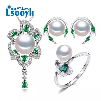 LSOOYH ожерелье из натурального пресноводного жемчуга с кубическим цирконием, серьги с цветком, кольцо для женщин, наборы ювелирных украшений с жемчугом белый