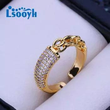 LSOOYH регулируемые кольца для женщин мода кубический цирконий золотого цвета кольцо ювелирные изделия для вечеринок A золотой