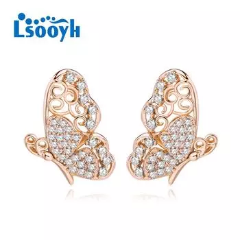 LSOOYH серьги-бабочки цвета розового золота, модные серьги для женщин, серьги-гвоздики с полым цирконием, ювелирные изделия A
