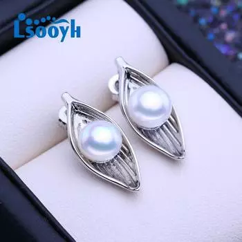 LSOOYH серьги-гвоздики из натурального пресноводного культивированного жемчуга серебряного цвета, серьги-гвоздики в виде листьев, модные подарки для женщин, оптовая продажа белый
