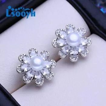 LSOOYH серьги-гвоздики из натурального пресноводного культивированного жемчуга для женщин и девочек, модные серьги-гвоздики серебряного цвета с цветком, подарок на день рождения белый