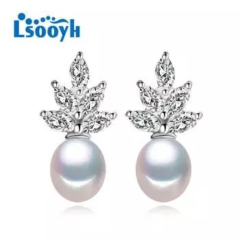 LSOOYH серьги-гвоздики с натуральным пресноводным жемчугом, модные вечерние серьги-гвоздики с листом кубического циркония для женщин, ювелирные изделия из жемчуга, свадебные серьги